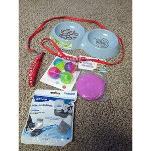 Lot of 5 Cat Supplies New or Like New - Dish, Collar, Leash, Ball Toys, Can Lids